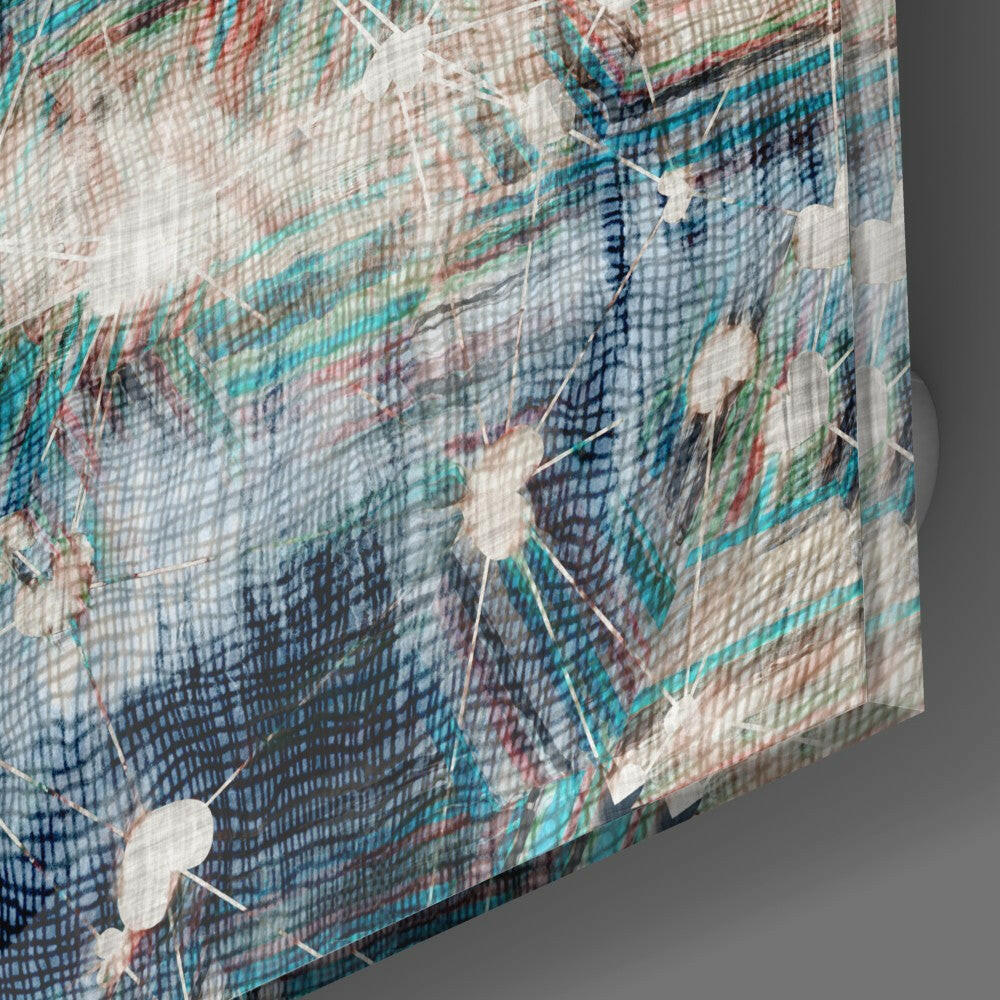 Close-up side view of textured glass art showing turquoise, red, and cream abstract patterns with white accent details against gray background.