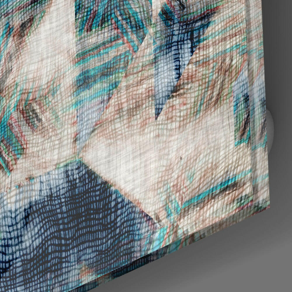 Close-up of textured glass art showing layered turquoise, navy, coral, and cream brushstroke patterns with visible weave texture.