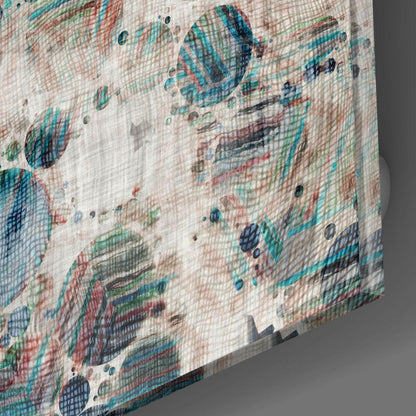 Close-up angled view of textured glass wall art displaying colorful microscopic organisms in turquoise, green, red, and blue tones.