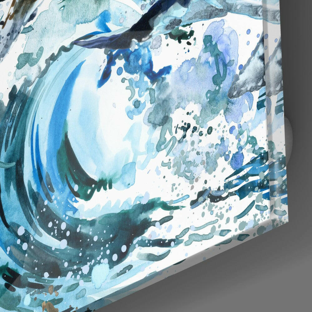 Close-up side view of glass wall art showing layered watercolor whale and ocean design in blues, teals, and greens with white negative space.