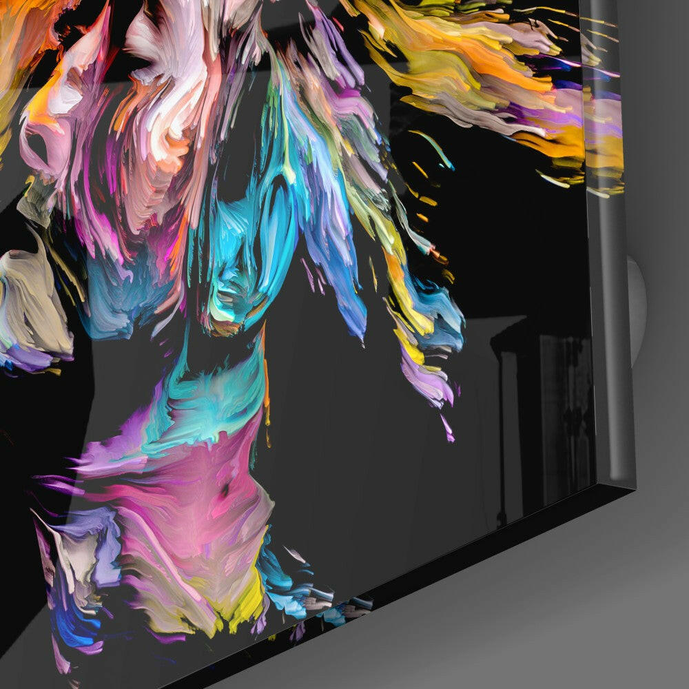 Colorful abstract brushstroke glass panel displayed at an angle, revealing vibrant magenta, cyan, yellow, and purple paint effects against dark background.