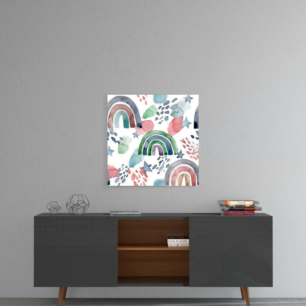Colorful watercolor rainbow glass wall art displayed above a mid-century modern console table in a minimalist interior.