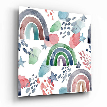 Watercolor canvas art featuring three concentric rainbows in muted tones with scattered stars, clouds, and raindrop shapes on white background.