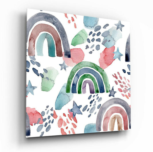 Watercolor canvas art featuring three concentric rainbows in muted tones with scattered stars, clouds, and raindrop shapes on white background.