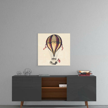 Vintage hot air balloon illustration with burgundy and cream striped envelope and basket displayed on a cream background, hung above a mid-century modern credenza.