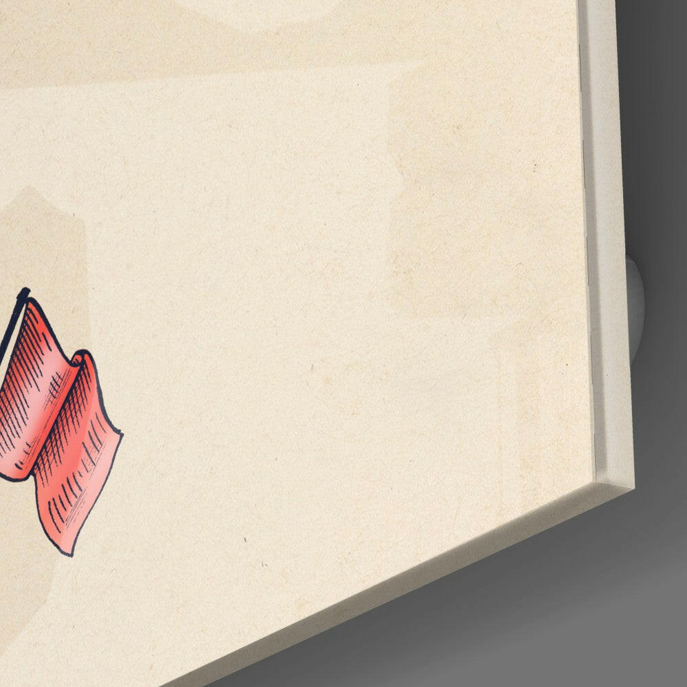 Close-up of cream-colored glass with red and navy hand-drawn balloon illustration in corner, angled edge view.