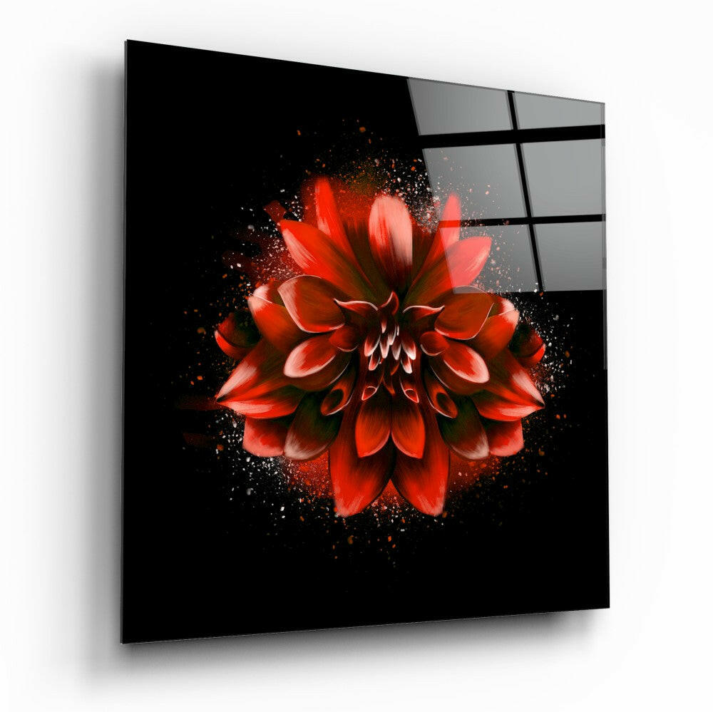 Red dahlia flower with particle effects displayed on black glass panel with gridded gray glass sections, angled perspective view.