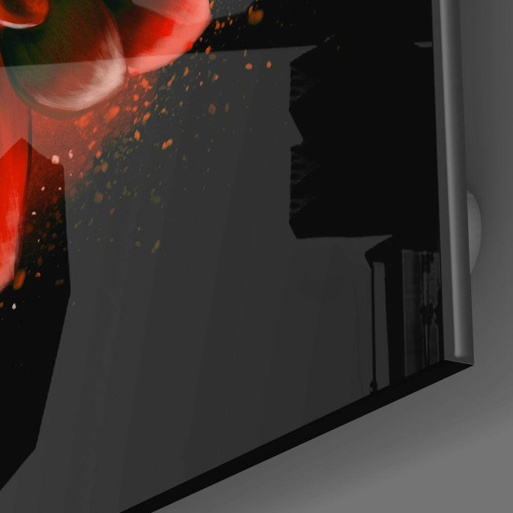 Red Lotus Glass Wall Art mounted on wall with close-up view showing red glass petals and orange particle effects against dark background.