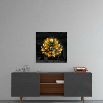 Yellow lotus glass wall art displayed above a mid-century modern console table in a contemporary living room setting.