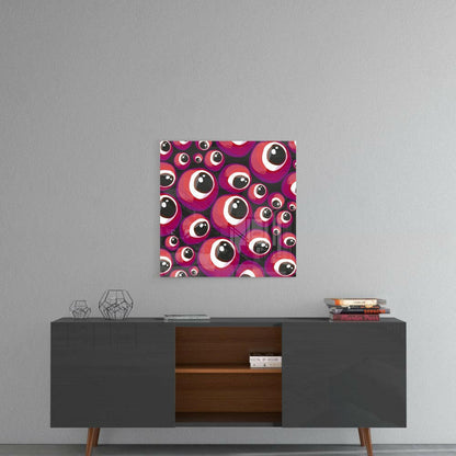 Red and pink evil eye beads glass art displayed on gray wall above dark mid-century modern credenza.
