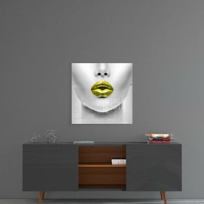 Gold Lips Glass Wall Art displayed above a mid-century modern credenza in a minimalist gray interior setting.