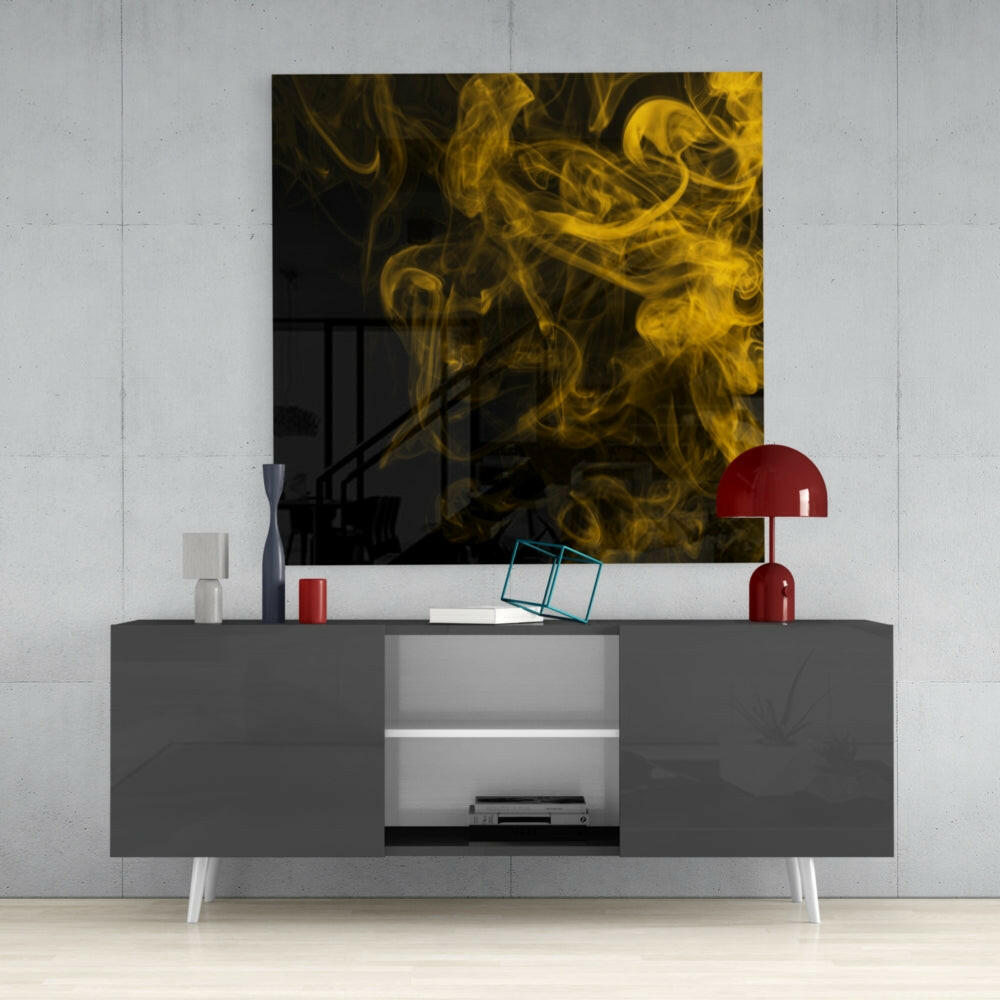 Yellow Smoke Wisps On Black Glass Wall Art