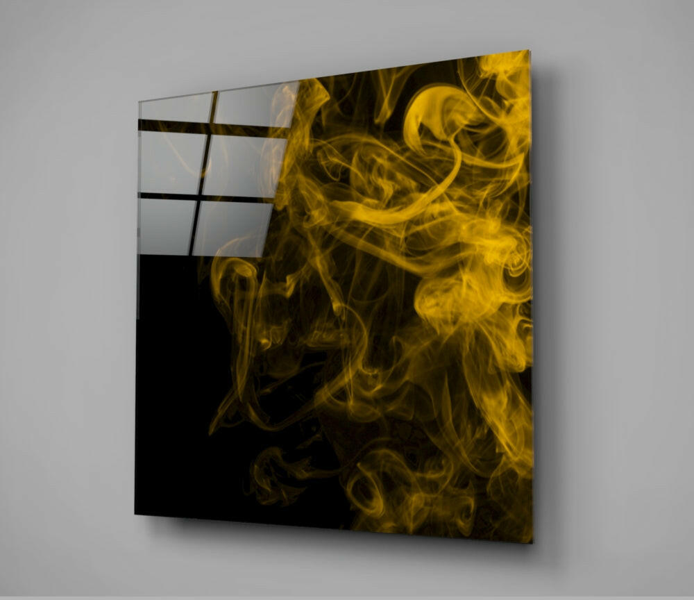 Yellow Smoke Wisps On Black Glass Wall Art