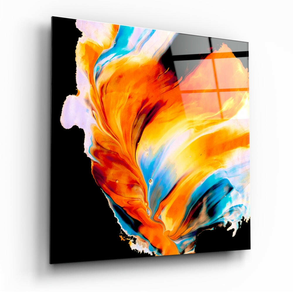 Orange Blue Flowing Paint Glass Wall Art