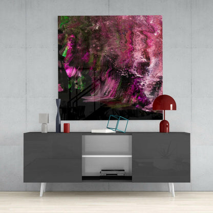 Modern living room interior with pink and magenta abstract glass wall art displayed above a gray media console with white shelving.