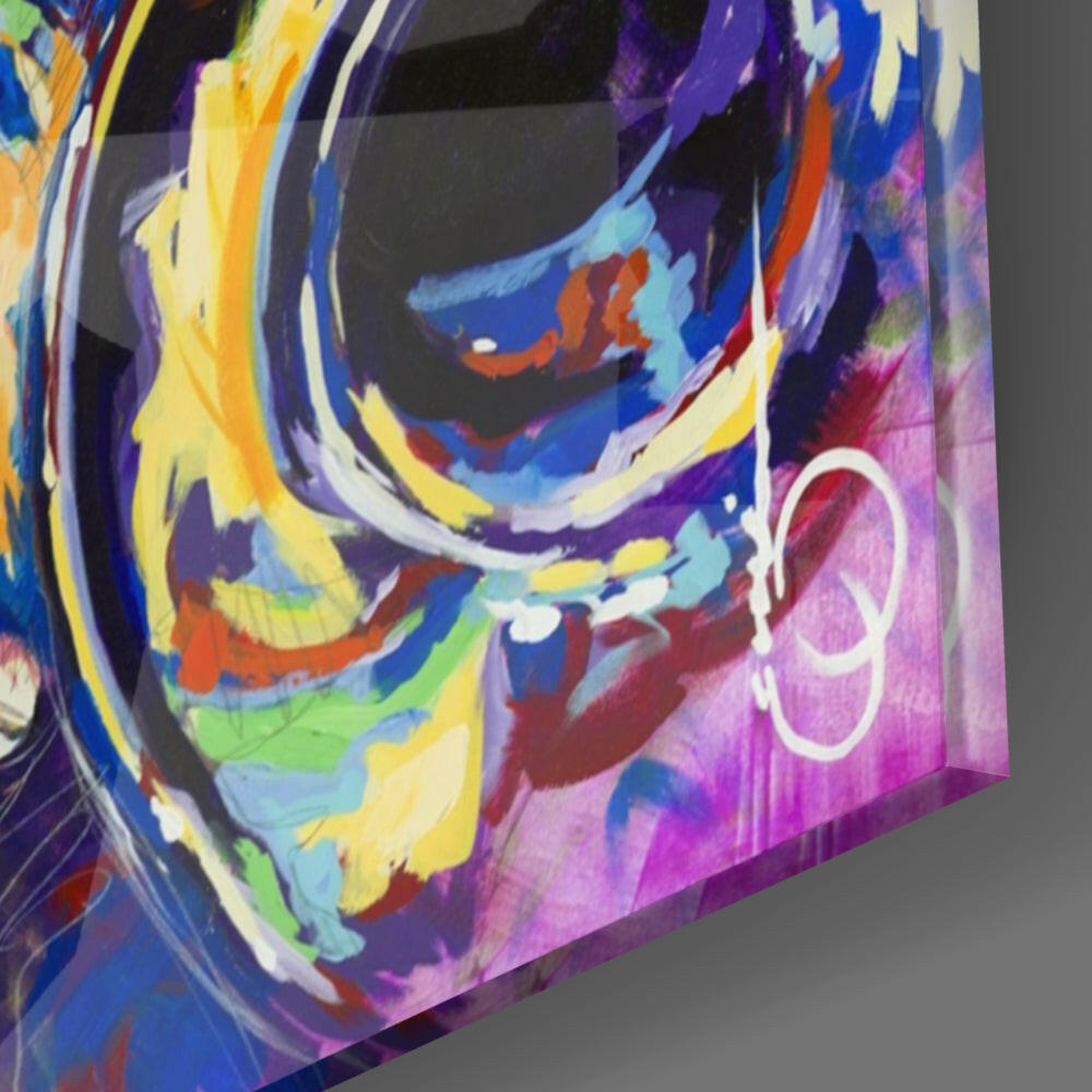 Colorful glass wall art featuring vibrant abstract brushstrokes in yellow, blue, purple, pink, and red with white circular design detail.