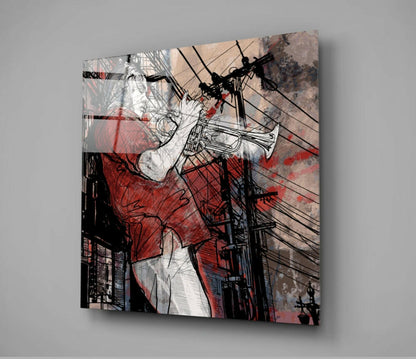 Red Sketch Street Trumpet Player Glass Wall Art