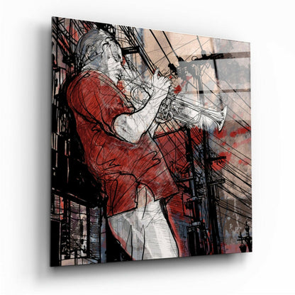 Red Sketch Street Trumpet Player Glass Wall Art