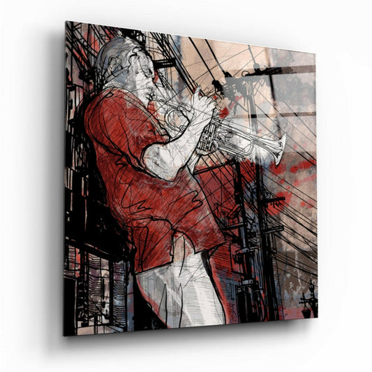 Angled perspective of glass wall art showing sketched trumpet player in red jacket against urban architectural background with black line work overlay.