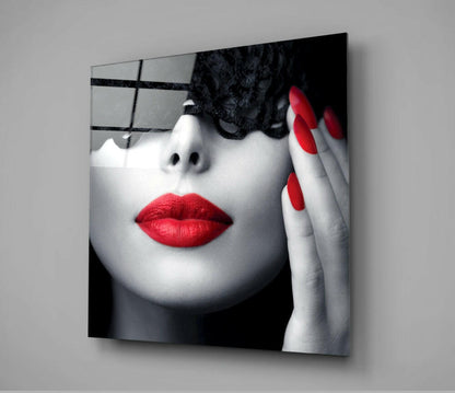 Black Lace Mask Red Lips Glass Wall Art
