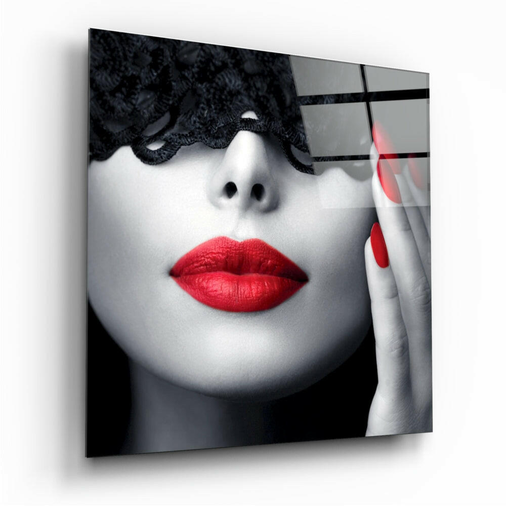 Black Lace Mask Red Lips Glass Wall Art