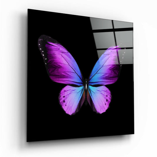 Angled perspective view of a glass wall panel featuring a vibrant purple-to-blue gradient butterfly centered on black background.