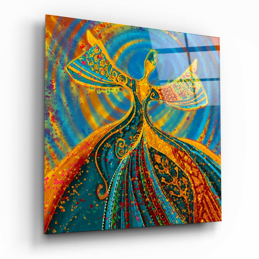 Colorful glass wall art featuring an ornate golden angel figure with spread wings against vibrant blue and orange swirling background patterns.