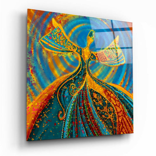 Colorful glass wall art featuring an ornate golden angel figure with spread wings against vibrant blue and orange swirling background patterns.