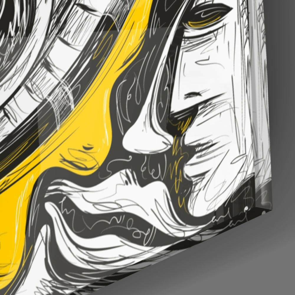 Close-up side profile of stylized face with yellow and black ink strokes on white background glass wall art.