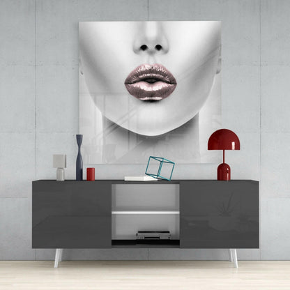 Rose Gold Metallic Lips Glass Wall Art