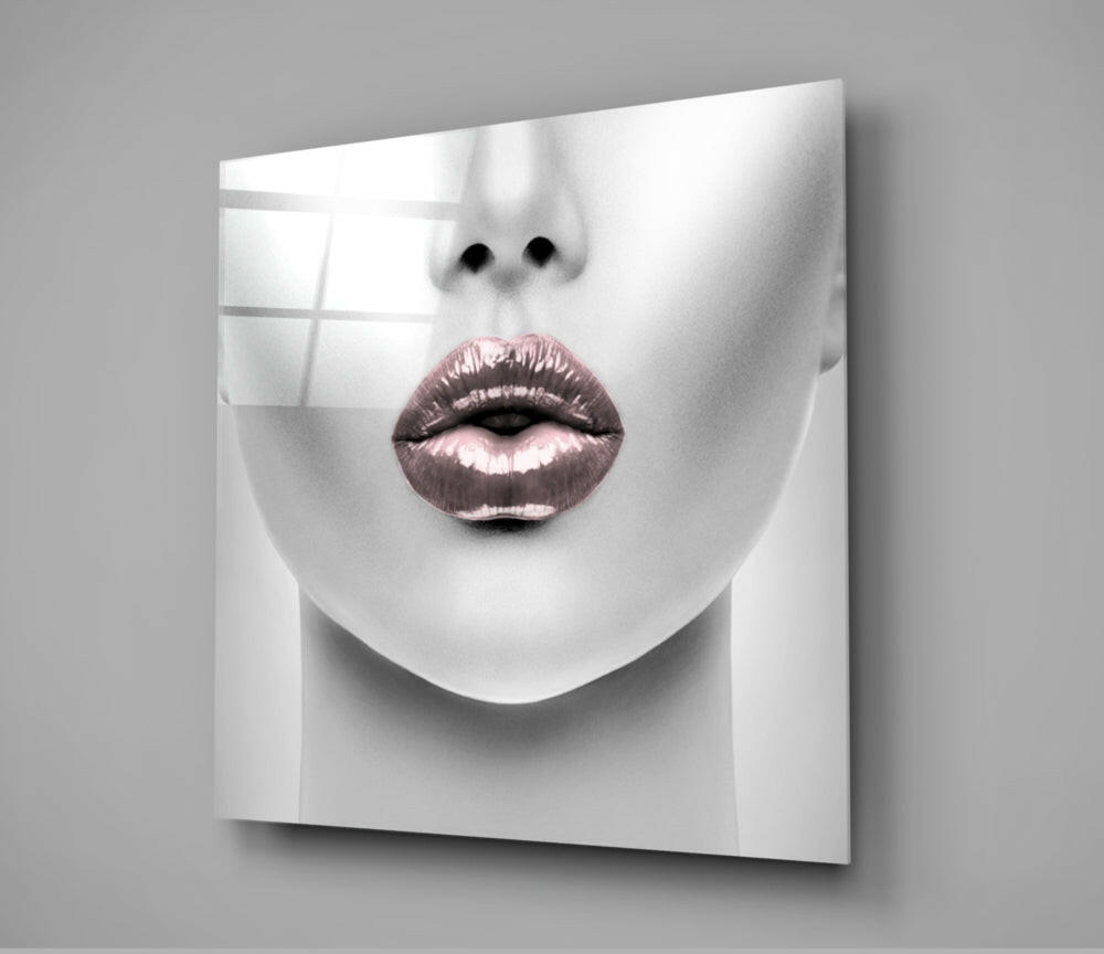 Rose Gold Metallic Lips Glass Wall Art