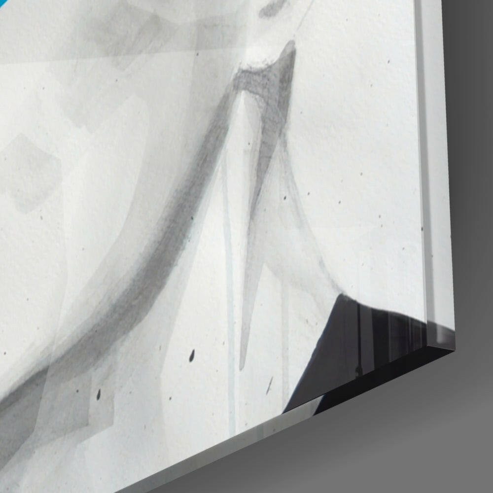 Close-up of Blue Look Glass Wall Art edge showing layered glass construction with grayscale abstract drawing visible through translucent layers.