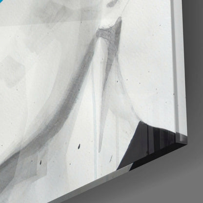 Close-up of Blue Look Glass Wall Art edge showing layered glass construction with grayscale abstract drawing visible through translucent layers.