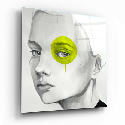 Profile view of grayscale portrait with bright lime-yellow circular overlay covering one eye, dripping downward onto canvas wall art.