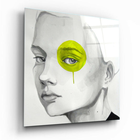 Profile view of grayscale portrait with bright lime-yellow circular overlay covering one eye, dripping downward onto canvas wall art.
