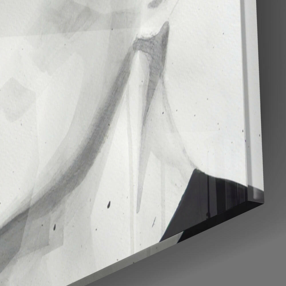Close-up detail of glass wall art showing layered white and gray pencil-drawn lines with black shadow edge against white background.