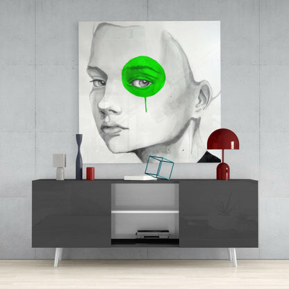 Green Look Glass Wall Art displayed above a dark gray console table, showing a grayscale portrait with bright green circular overlay.