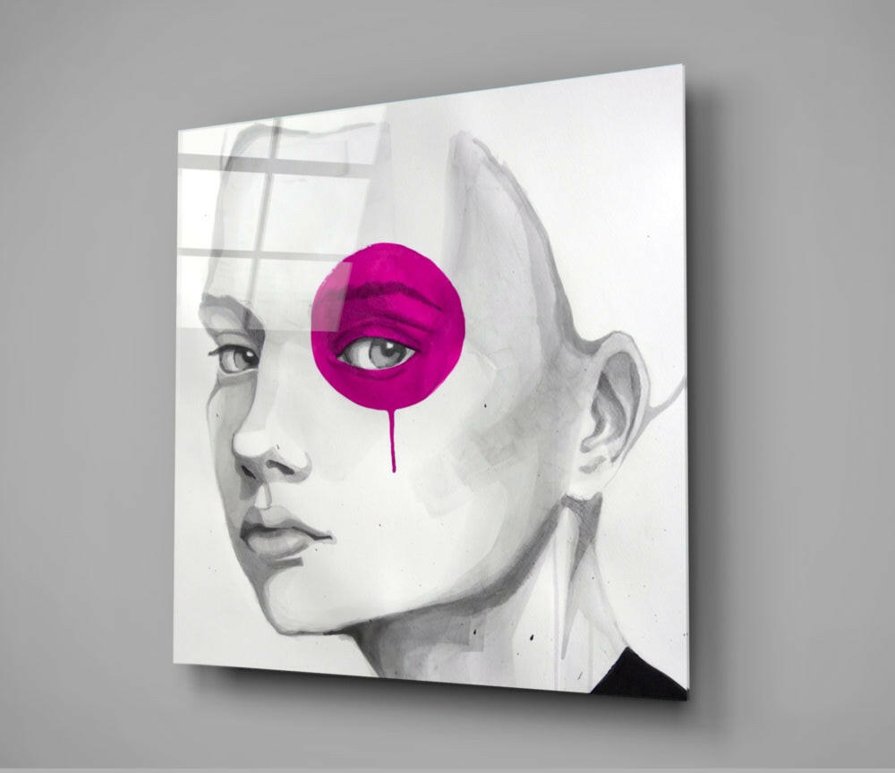 Canvas wall art displaying a pencil-sketched female profile with a vibrant magenta circular overlay covering one eye, dripping downward.
