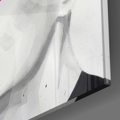 Close-up detail of frosted glass wall art showing pencil sketch of draped fabric with shading and texture against white surface.