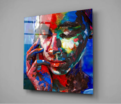 Paint Covered Woman Face Blue Glass Wall Art