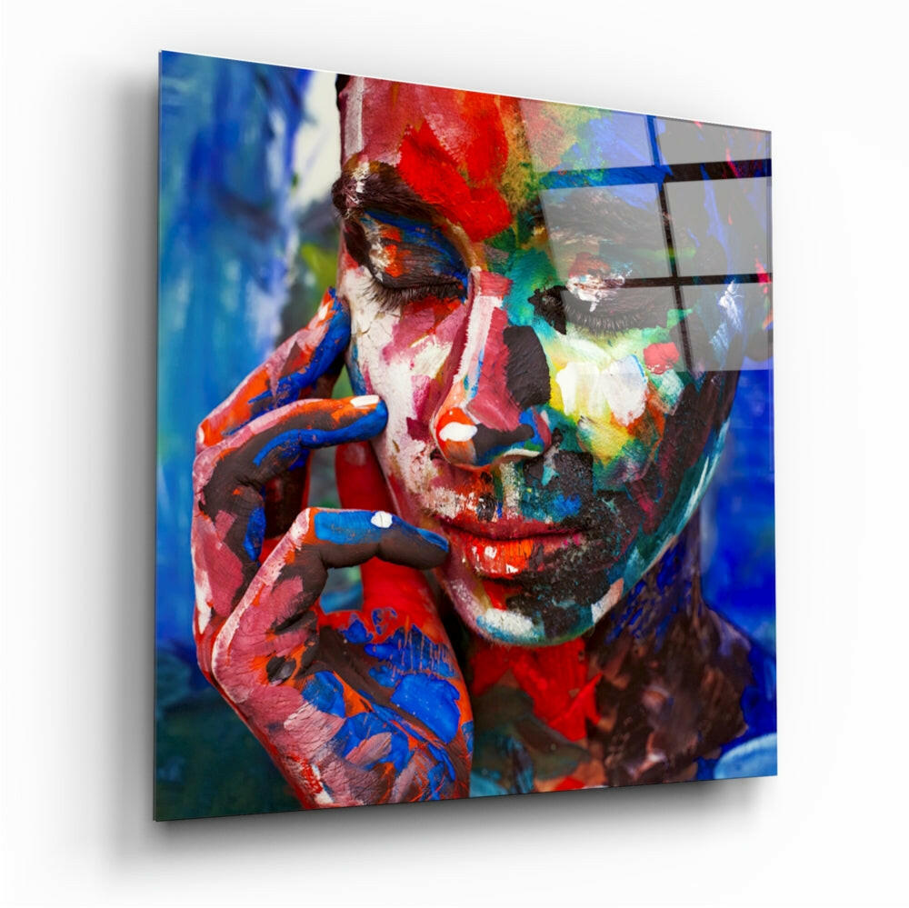 Paint Covered Woman Face Blue Glass Wall Art
