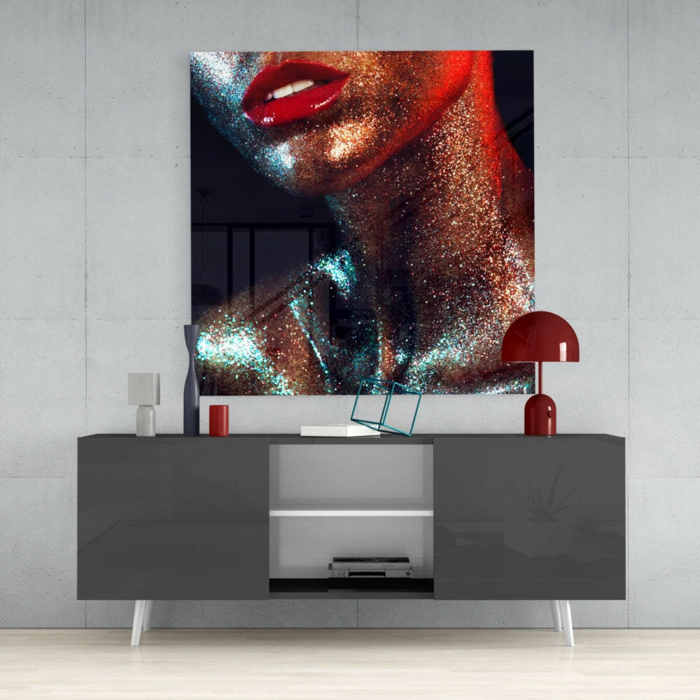 Bronze Glitter Red Lips Glass Wall Art