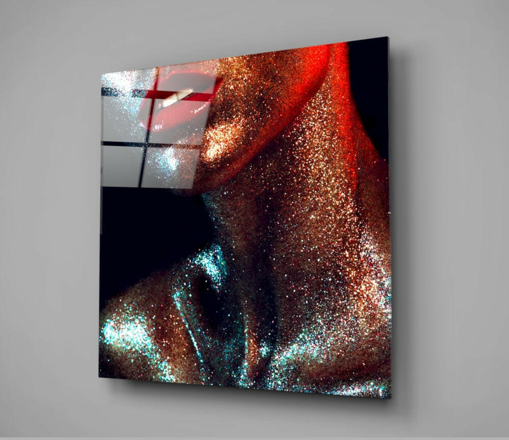 Bronze Glitter Red Lips Glass Wall Art