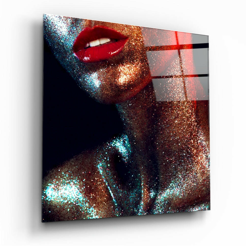 Bronze Glitter Red Lips Glass Wall Art