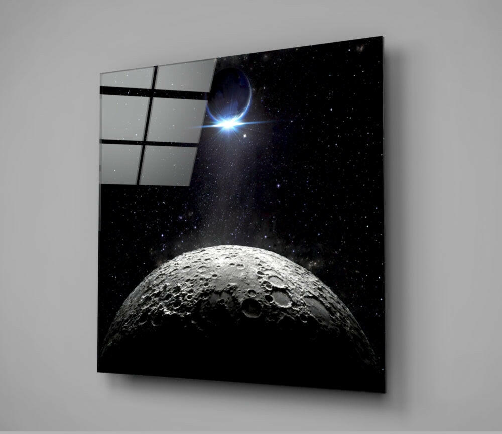 Cratered Moon And Blue Eclipse Glass Wall Art