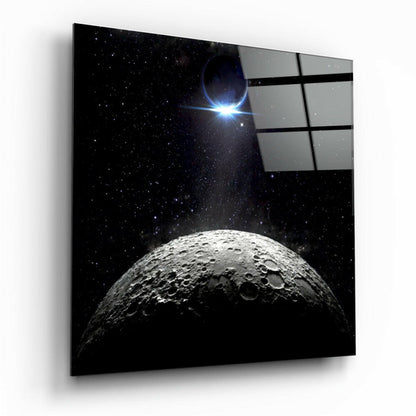 Cratered Moon And Blue Eclipse Glass Wall Art