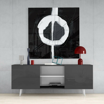 White Enso Ring on Black Glass Wall Art
