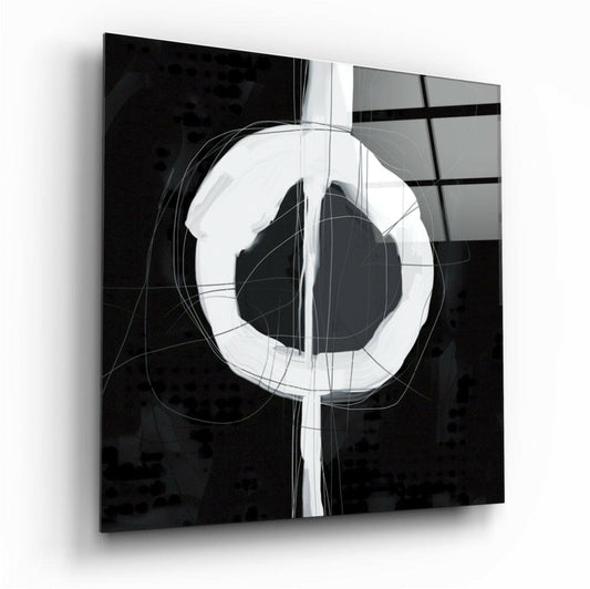 Black and white abstract wall art with white circular brushstroke design on dark background, angled perspective view.
