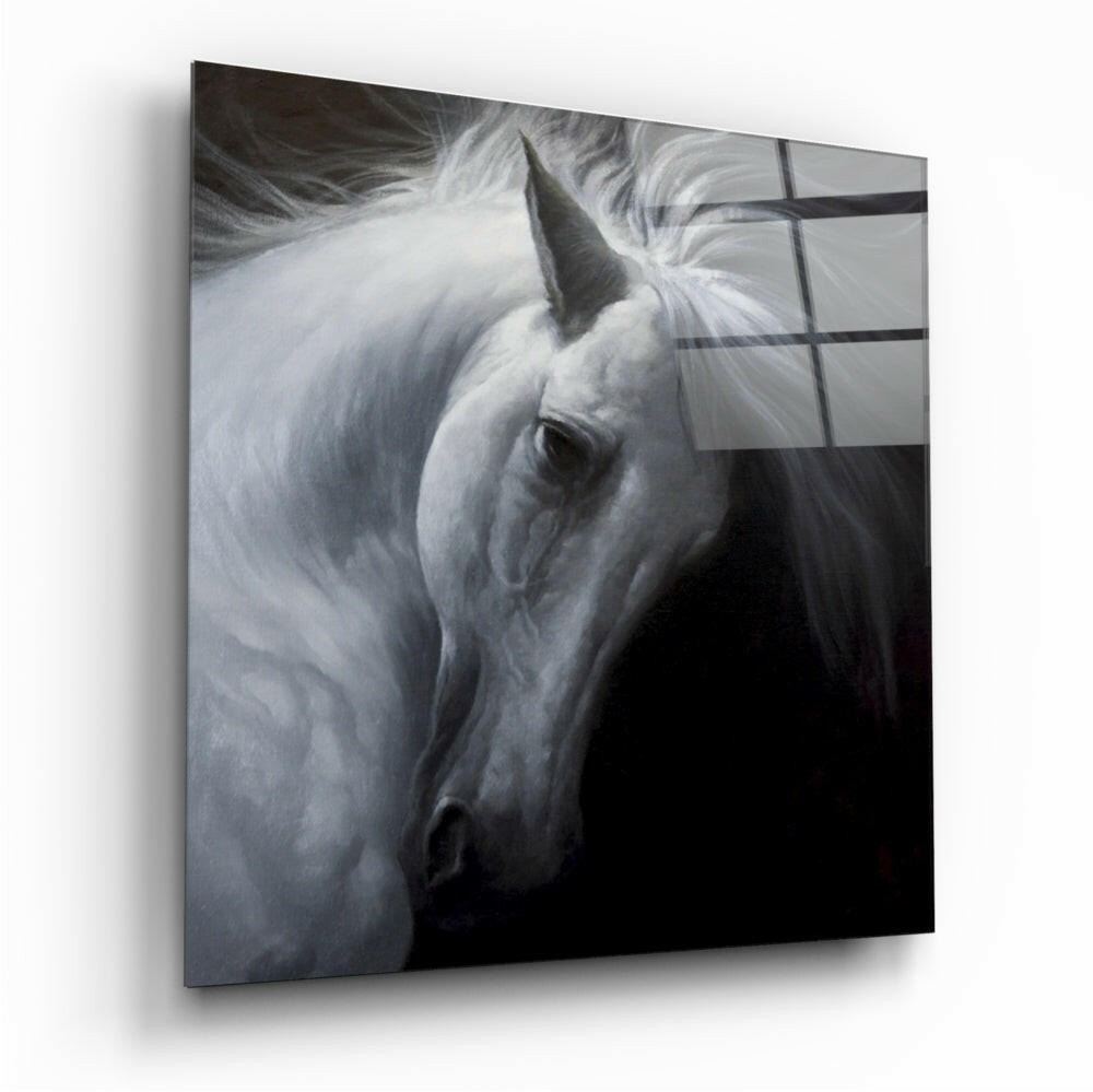 Windswept White Horse Glass Wall Art