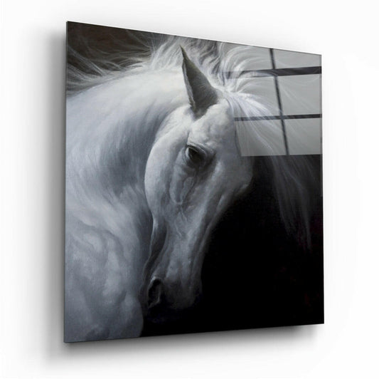 White horse profile portrait on glass wall art with flowing mane against dark background, mounted at an angle.